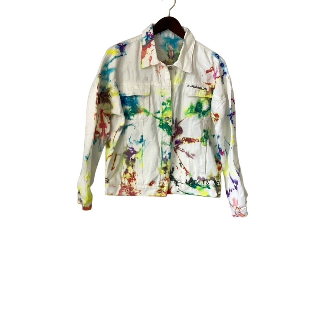 Wren and Glory Jean Denim Jacket Men Women Medium Art To Wear White Multi Color